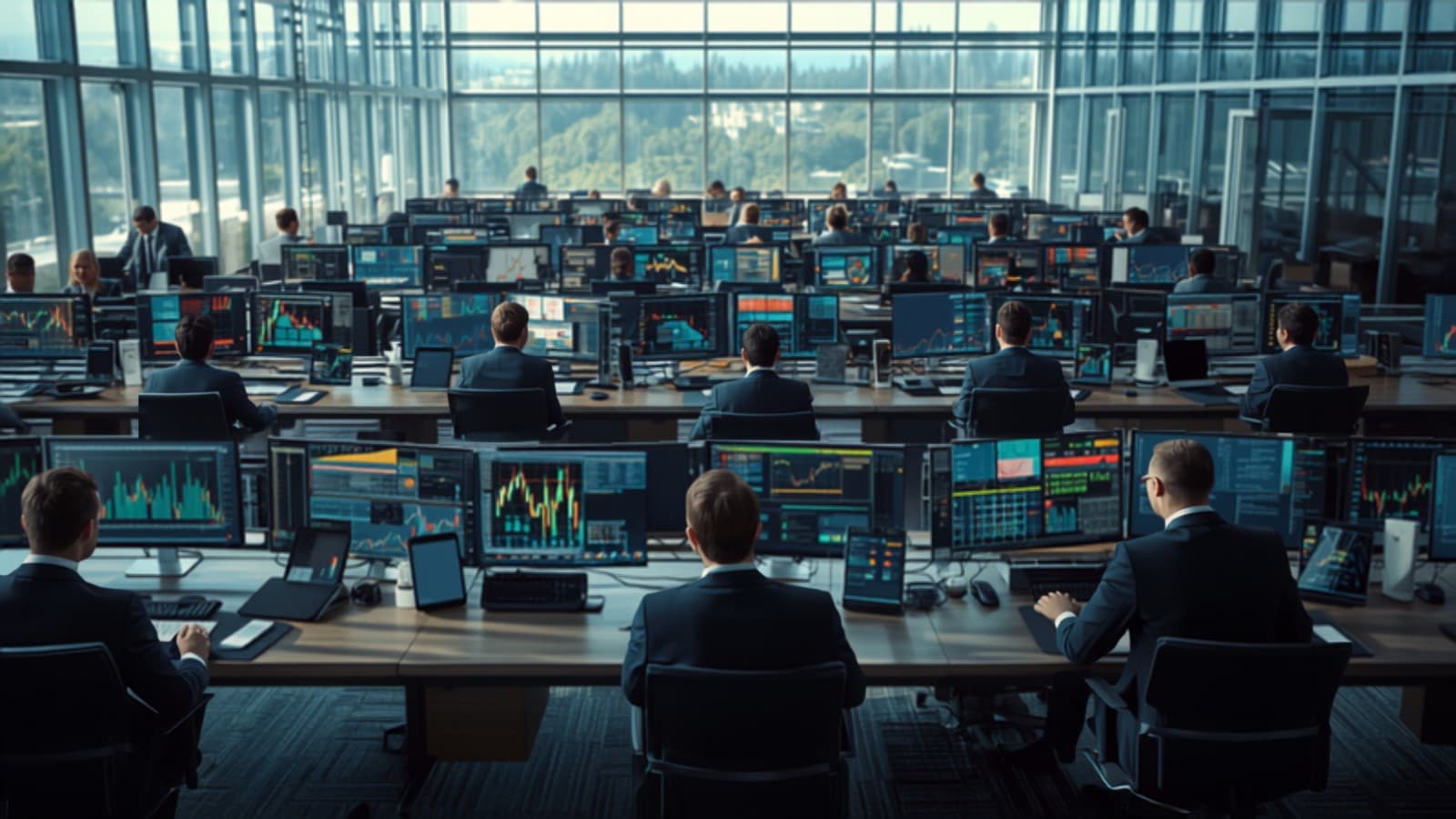 A busy trading floor with analysts monitoring markets